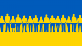 Ukraine-Flagge mit Menschen, die sich an den Händen halten-